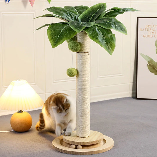 Cat Scratching Post with Hanging Balls, Natural Sisal Rope Scratch Post Tree Kitten Interactive Toy with Wooden Track Ball